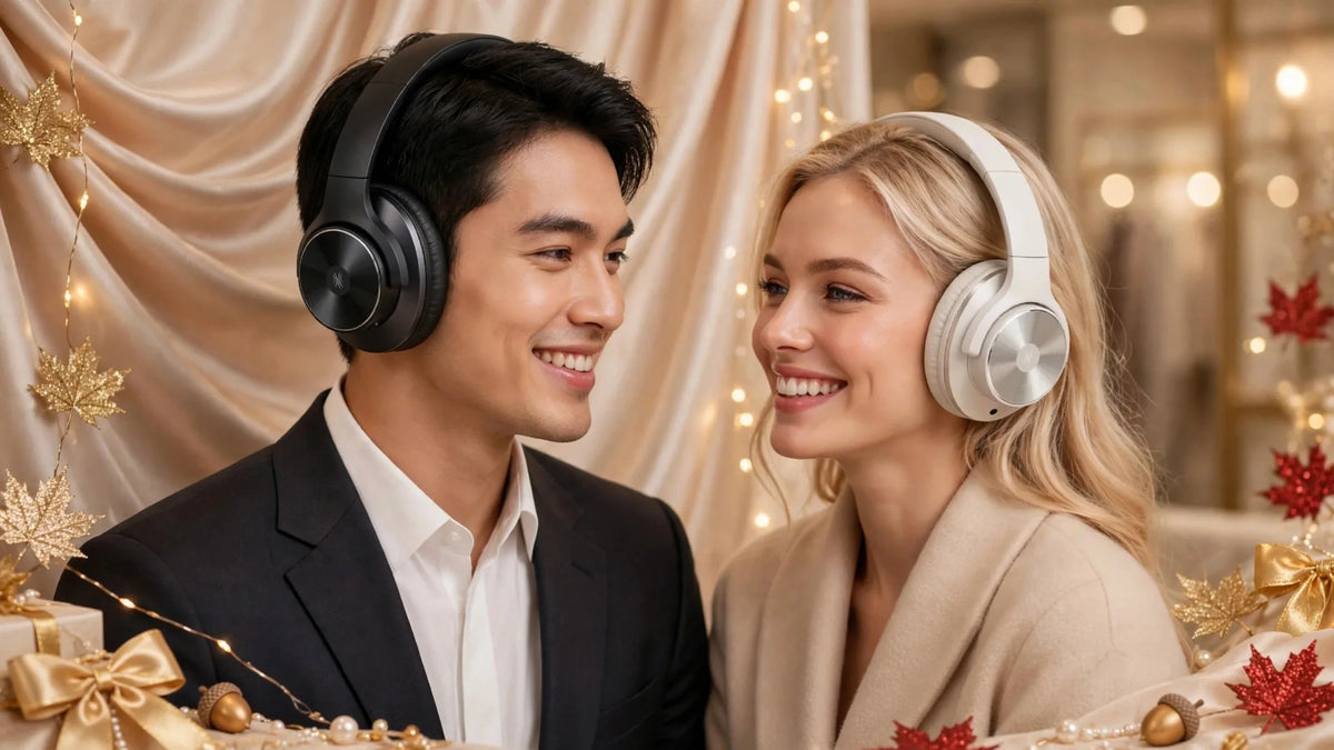 Young man in luxurious dark formal suit white shirt wearing exact black OneOdio wireless headphones smiling at blonde woman in beige luxury coat wearing exact white OneOdio headphones, champagne silk background gold red glitter maple leaves pearls acorns gold satin bows fairy lights - luxury lifestyle banner no text - Goldener Wahl