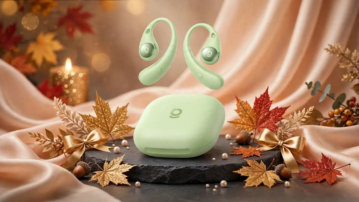 Pastel mint green open-ear wireless earbuds with matching green charging case isolated on white background, floating design showing both earbuds and case