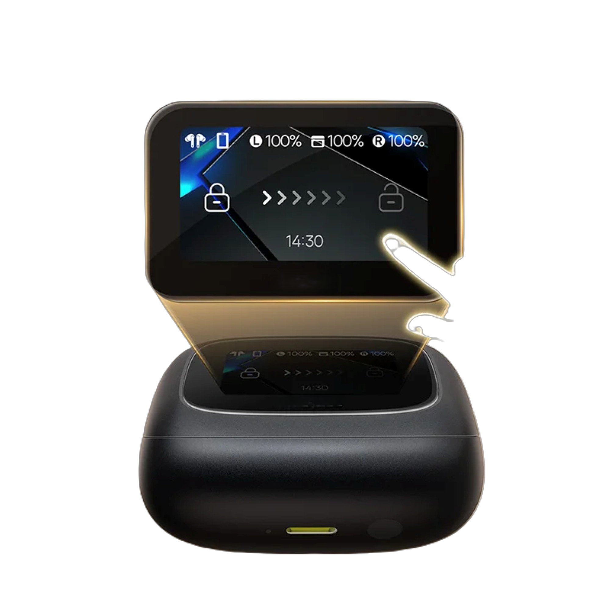 Smartphone with a screen displaying a navigation app on a black stand with a white background