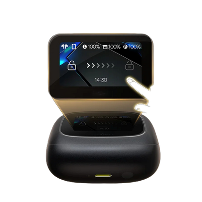 Smartphone with a screen displaying a navigation app on a black stand with a white background