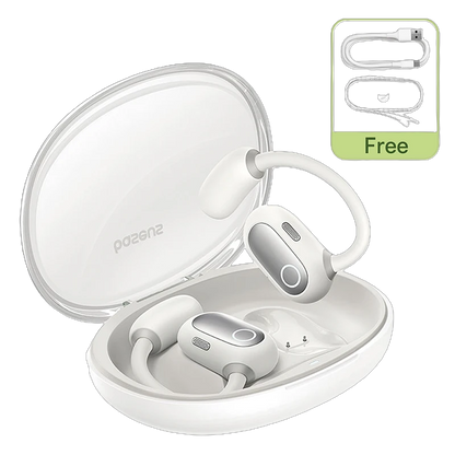 Wireless earbuds in a charging case with a free cable icon on a white background