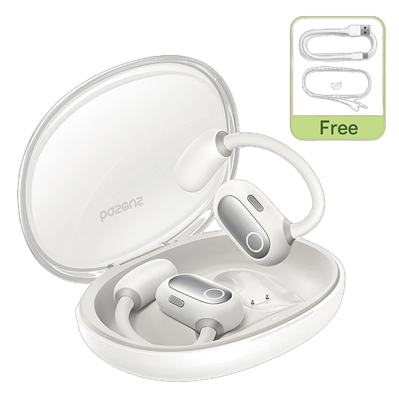 Wireless earbuds in a charging case with a free cable icon on a white background
