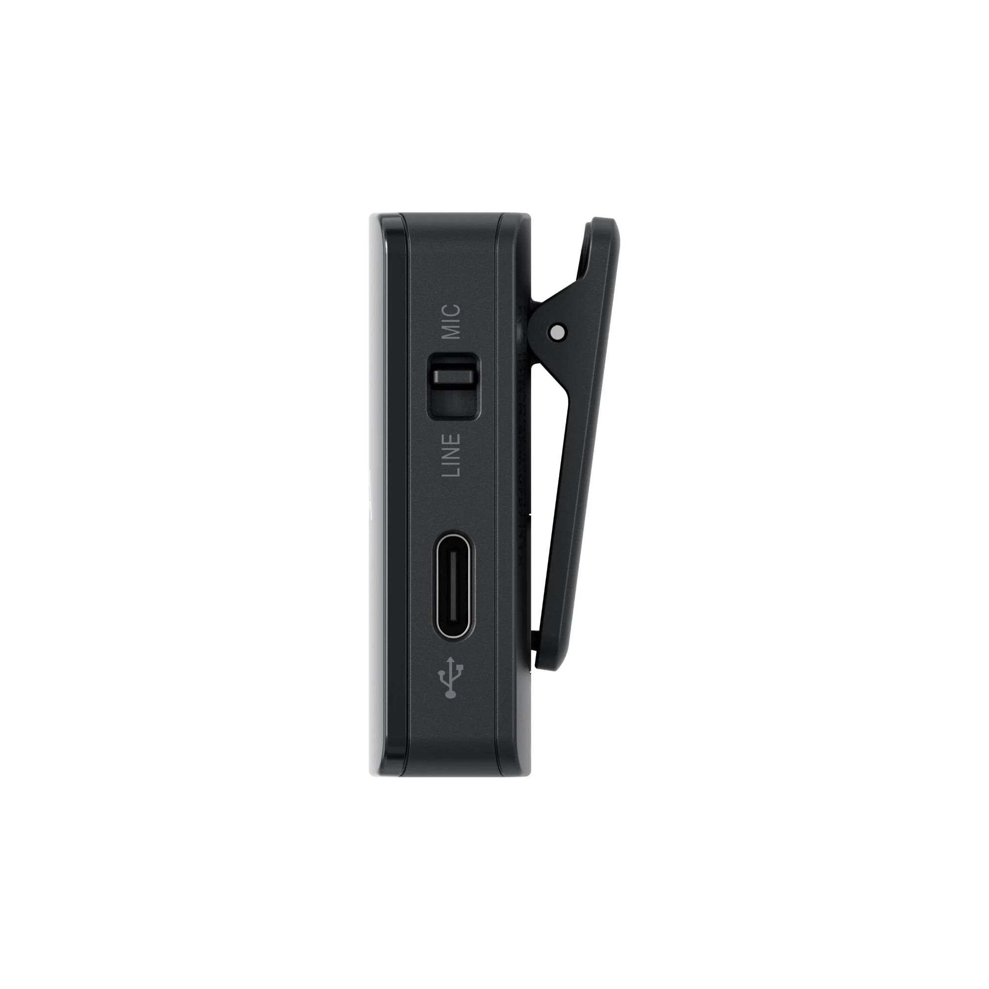 Black clip-on device with ports on a white background
