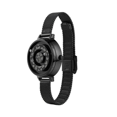 Black smartwatch with mesh band on a white background