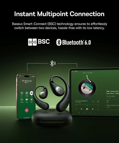 Black wireless earbuds with charging station, smartphone, and tablet on a dark background with text about BSC and Bluetooth 6.0 technology.