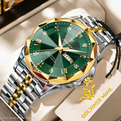 Gold and silver two-tone wristwatch with a green dial and faceted bezel, displayed on a beige surface with a Goldener Wahl brand tag.
