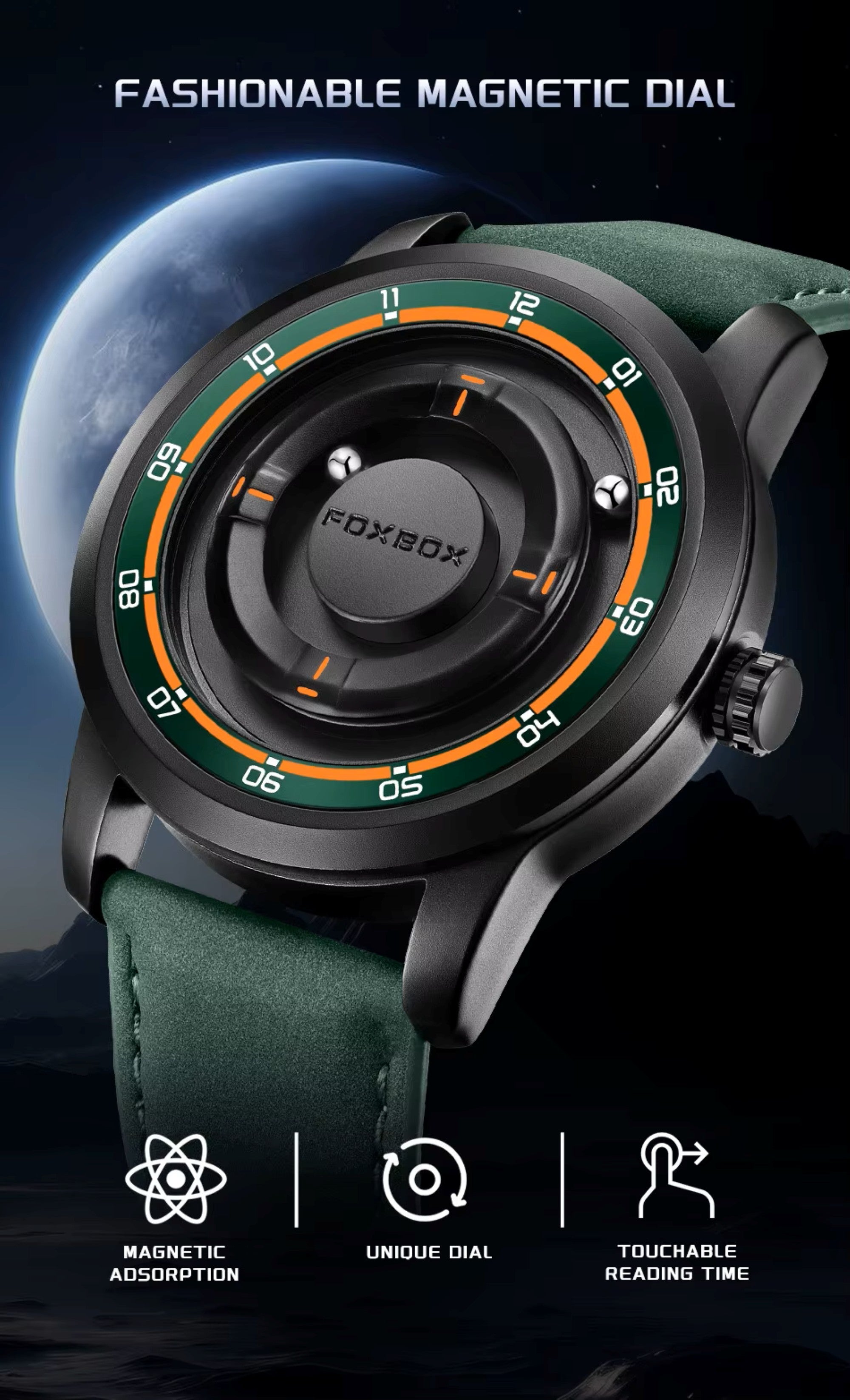 Foxbox watch with green strap and unique dial design against a space-themed background