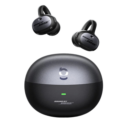 Bose wireless earbuds with charging case on a white background