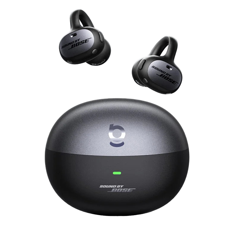 Bose wireless earbuds with charging case on a white background
