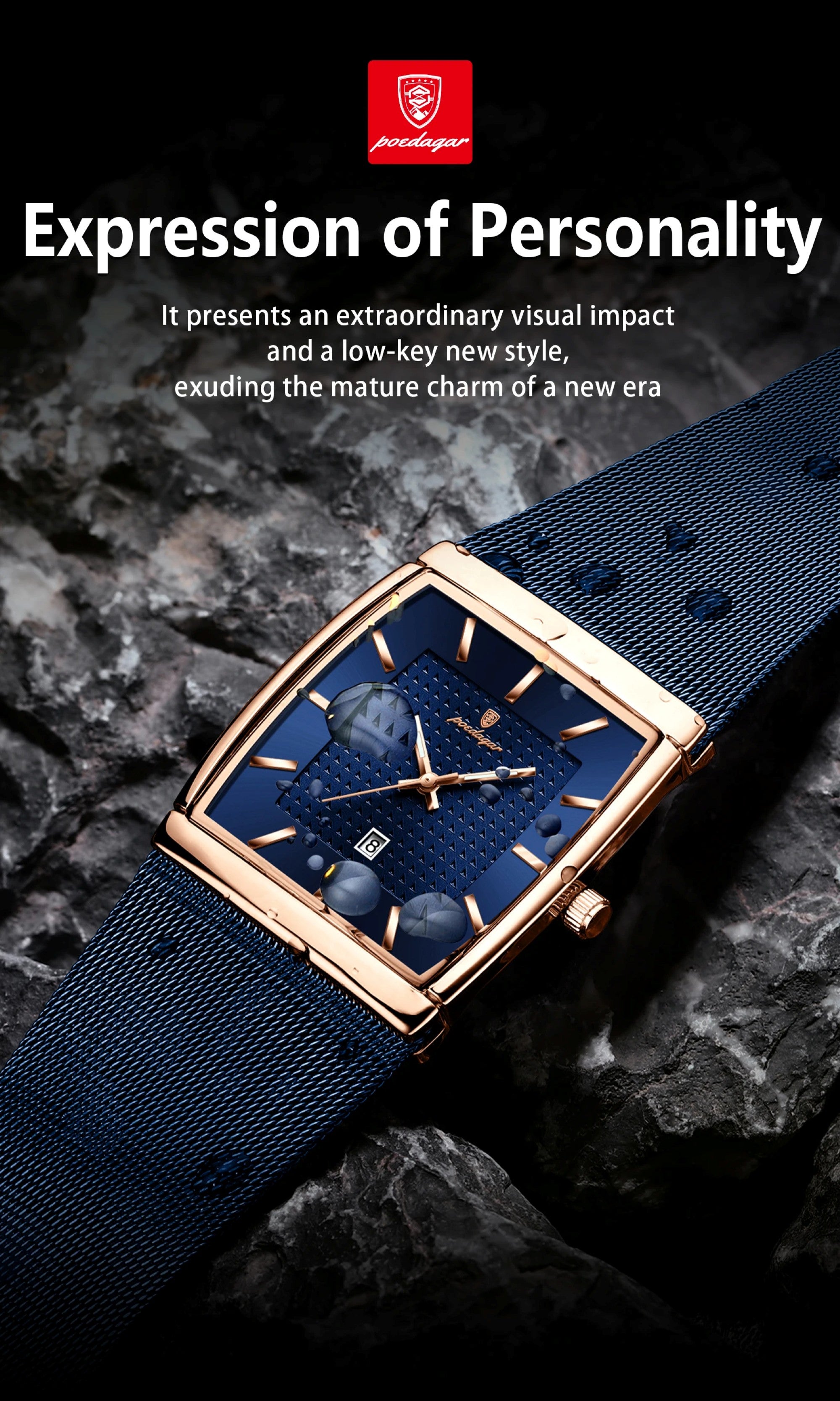 Blue watch with gold accents on a dark textured background, featuring Aronerger branding.