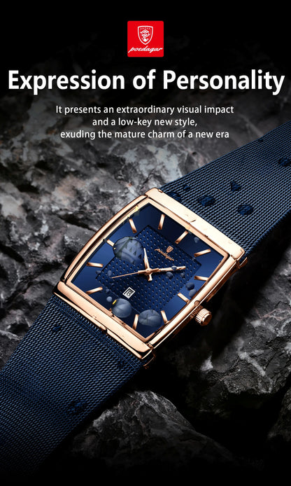 Blue watch with gold accents on a dark textured background, featuring Aronerger branding.