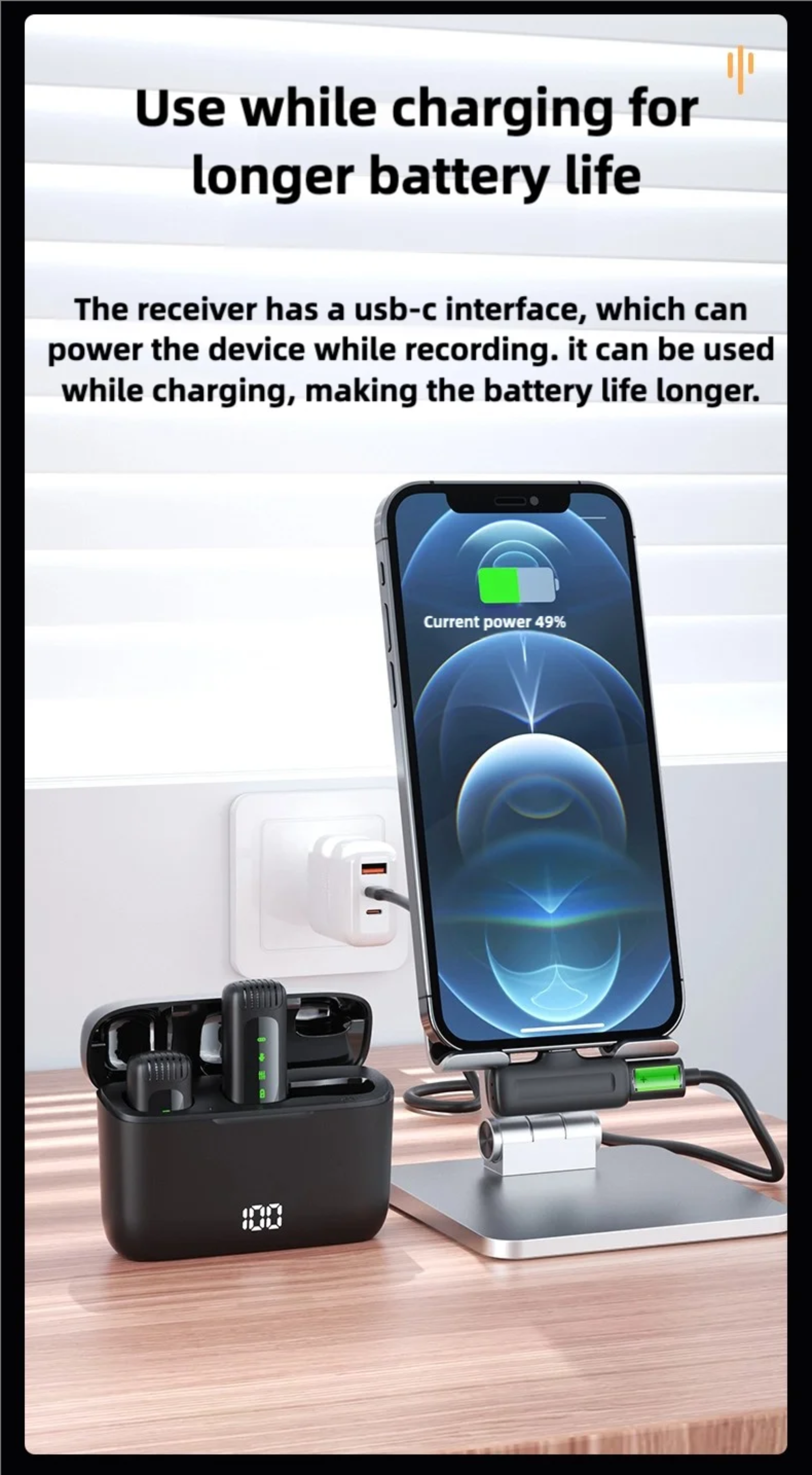 Phone on a charging stand with text about USB-C interface and battery life.