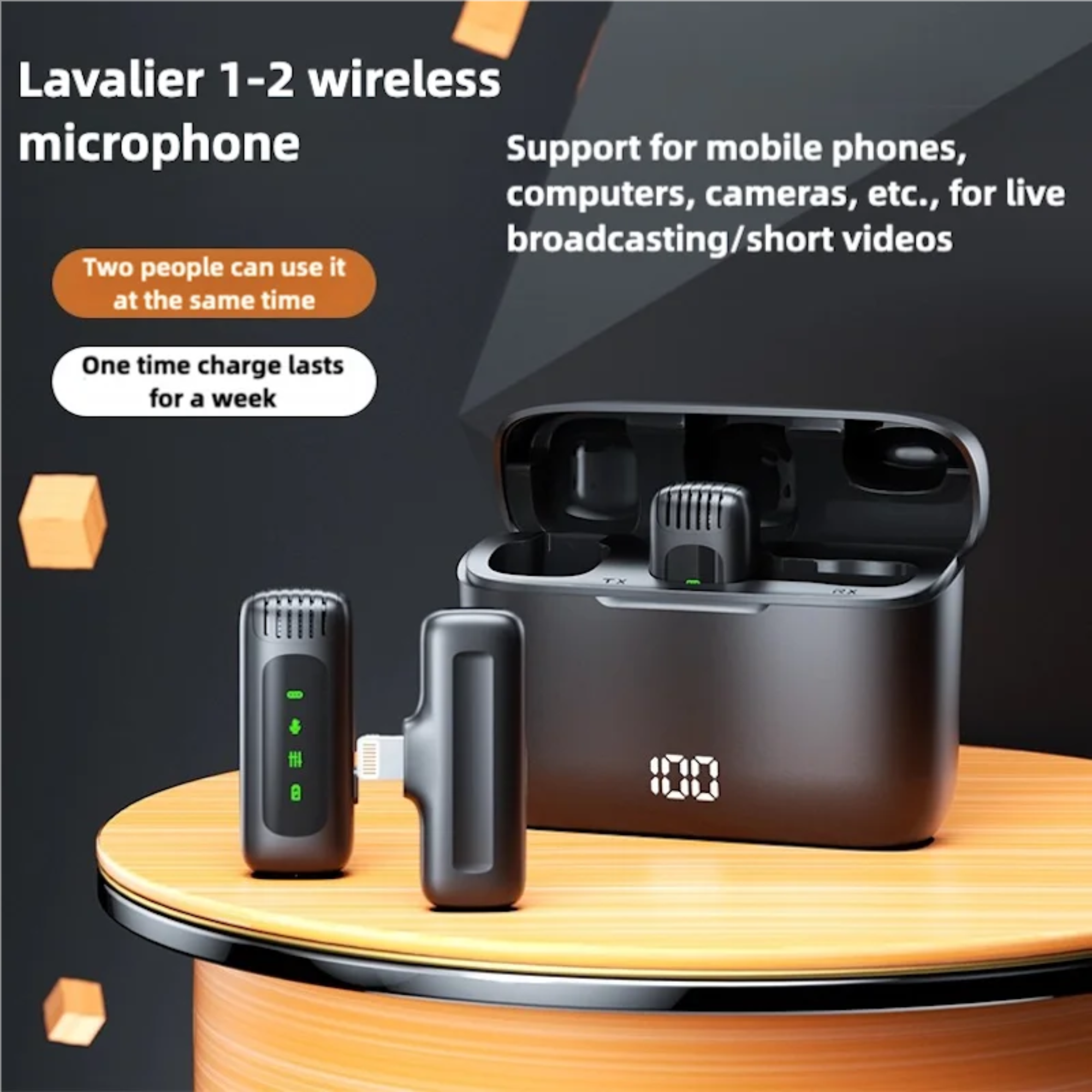 Lavalier 1-2 wireless microphone set with charging case on a wooden surface
