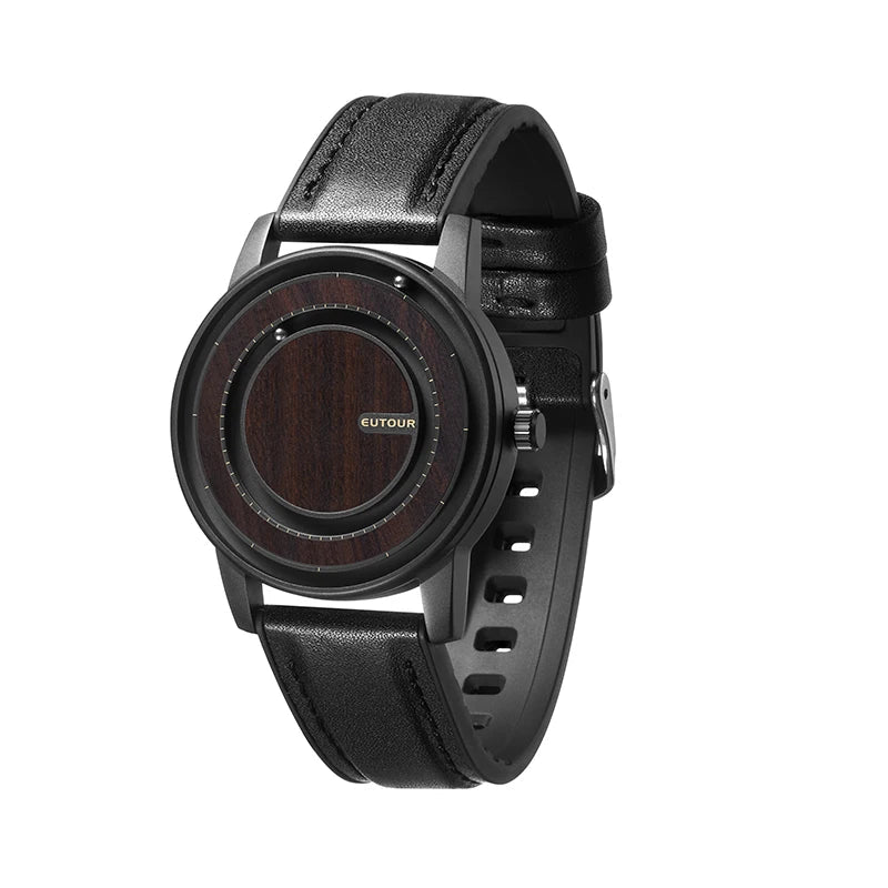 Black wristwatch with wooden face and leather strap, EUTOUR branding, product packaging shown.