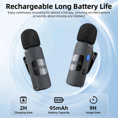 Two BOYA microphones with charging, battery capacity, and usage time information on a light blue background.