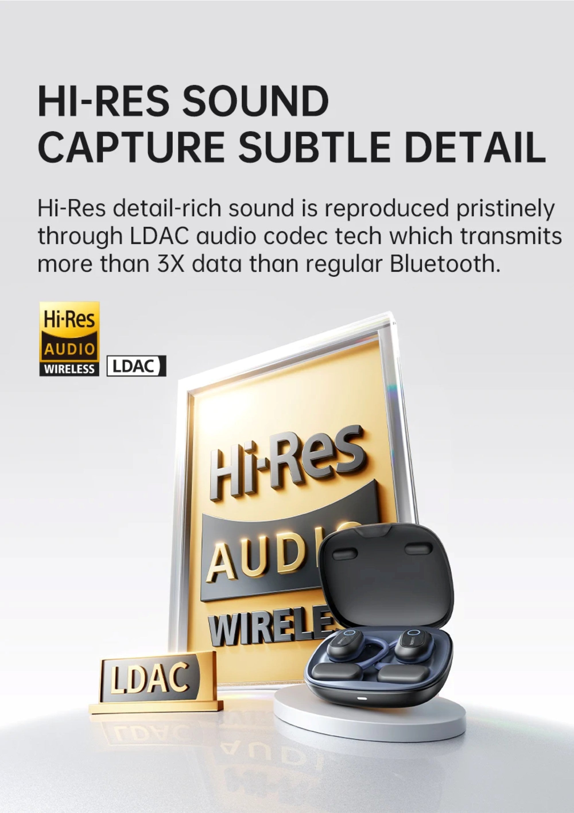 Wireless earbuds with LDAC technology on a white background