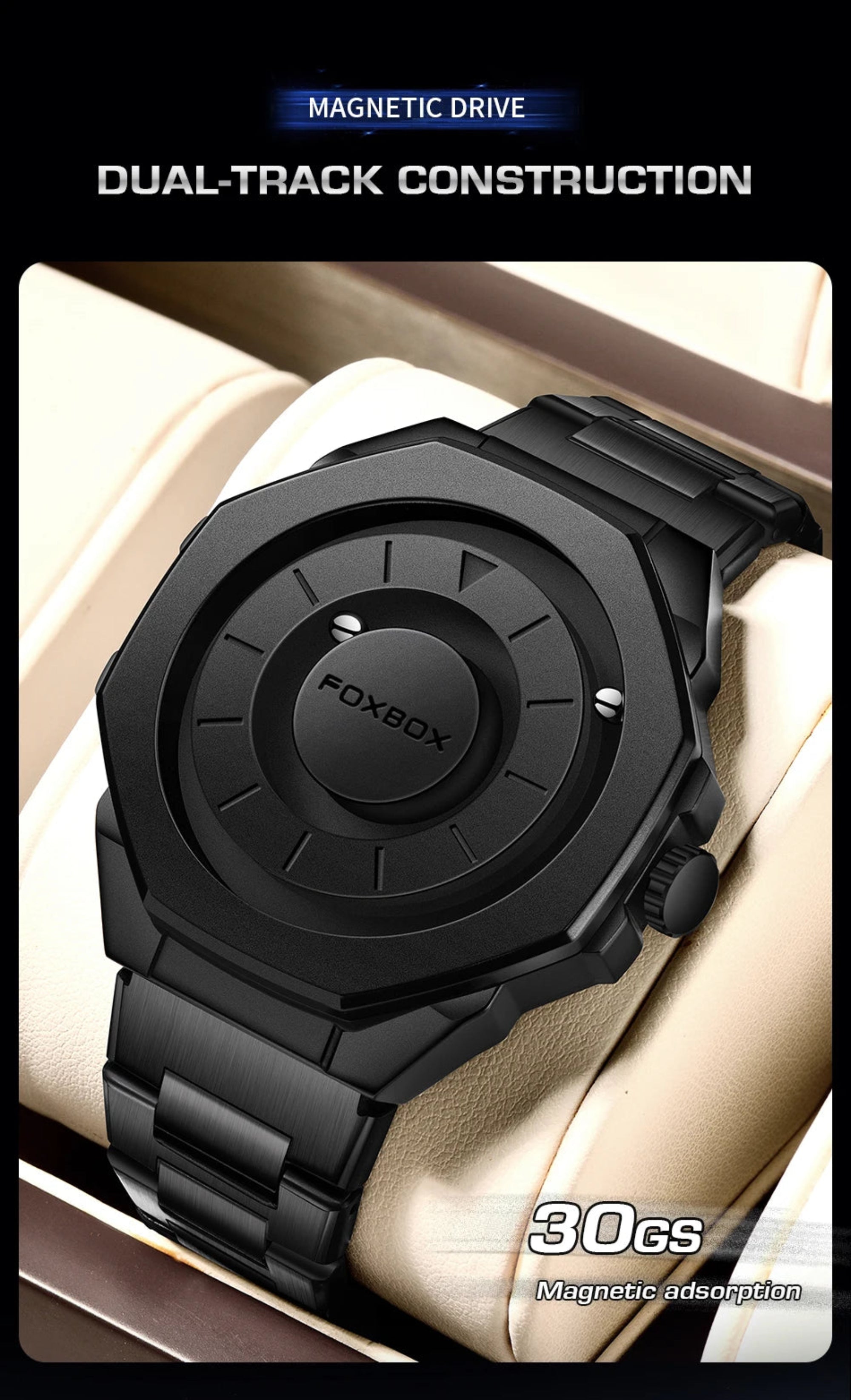 Black watch with 'FOXBOX' branding on a beige cushion, featuring text about magnetic drive and dual-track construction.