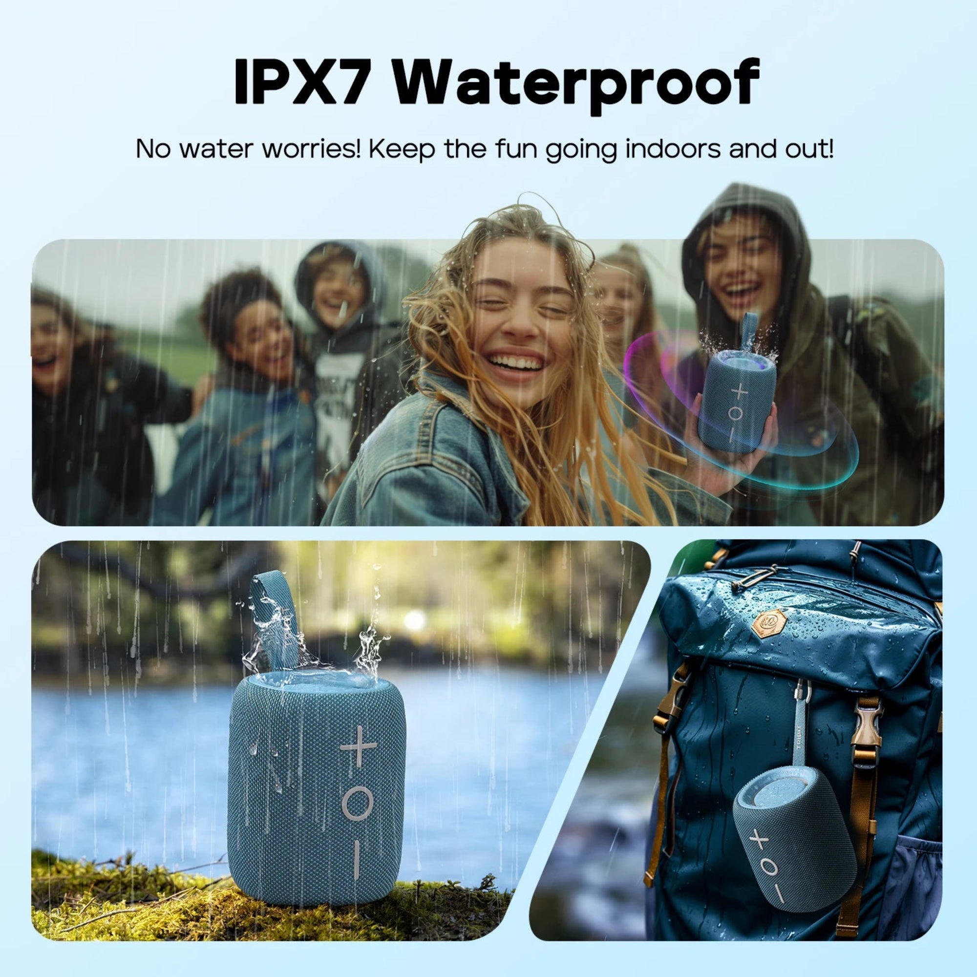Blue waterproof speaker with people using it in various settings, emphasizing its IPX7 rating.