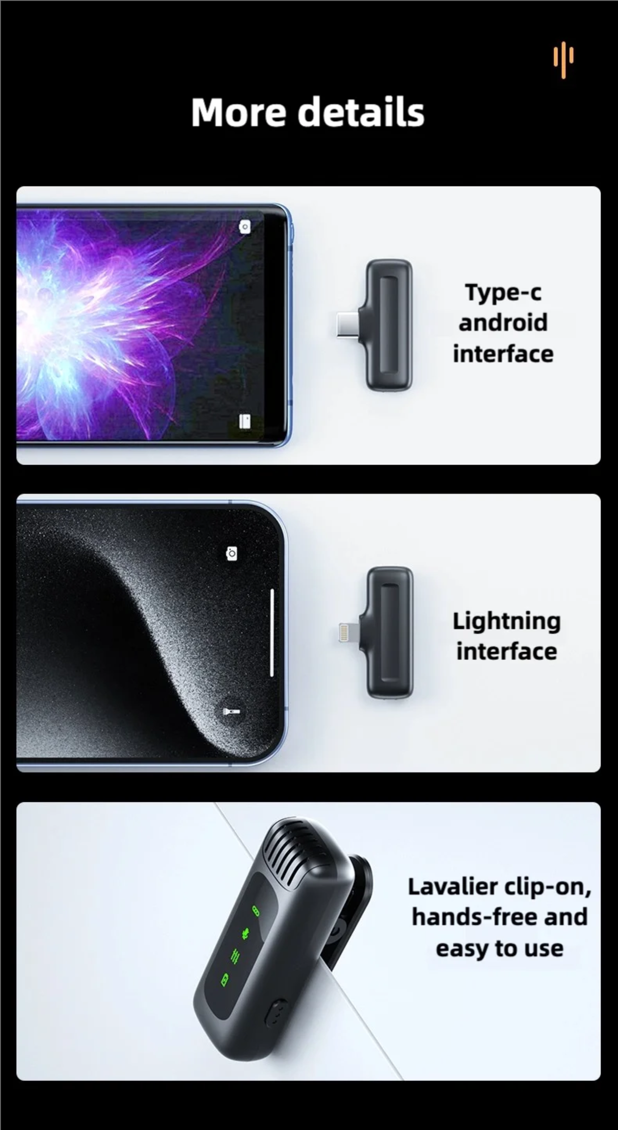 Product display with Type-C and Lightning interfaces, and a lavalier clip-on on a white background.