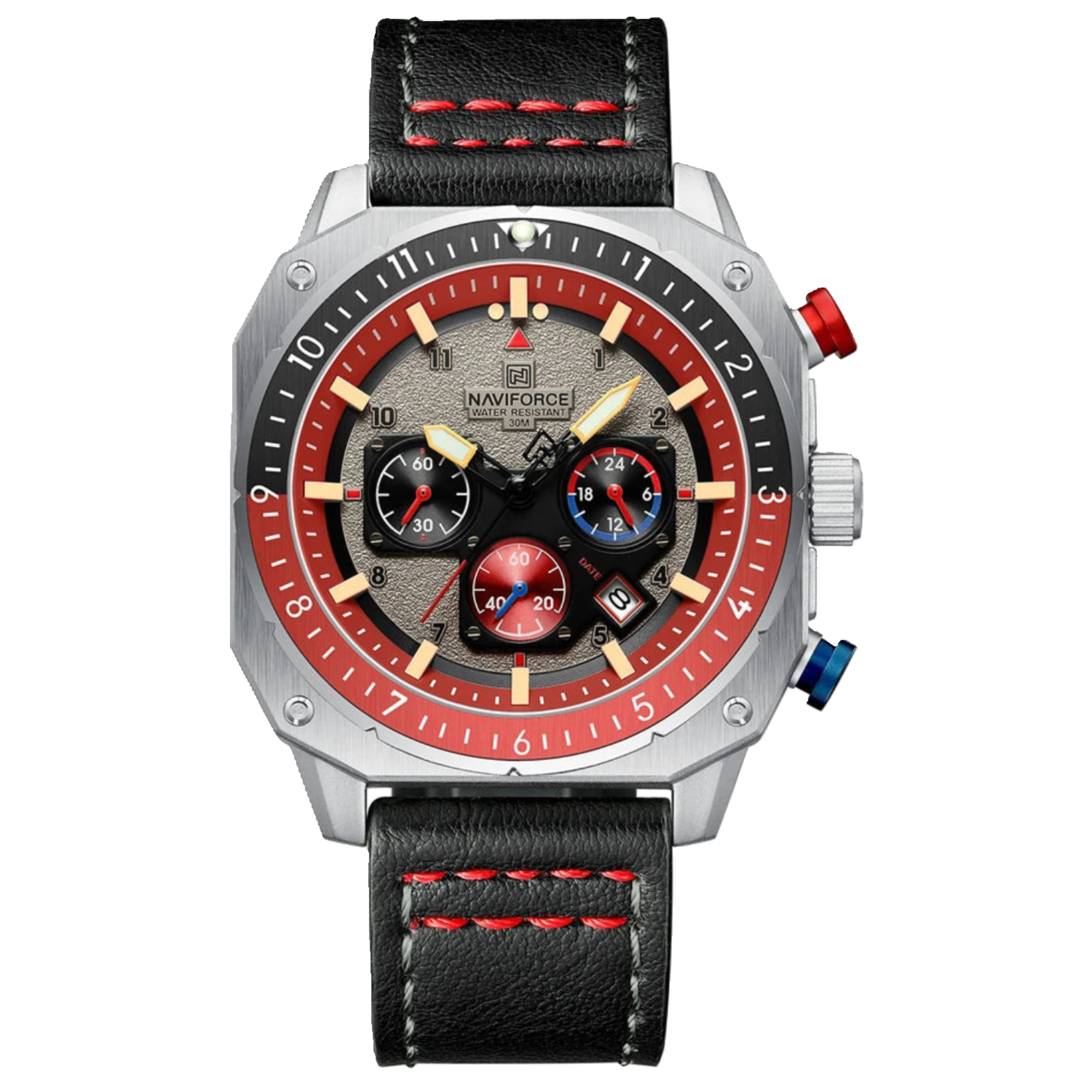 A multicolored sports multifunction waterproof watch for men with a leather band and a dial featuring luminous hands and a date display.