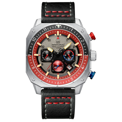 A multicolored sports multifunction waterproof watch for men with a leather band and a dial featuring luminous hands and a date display.
