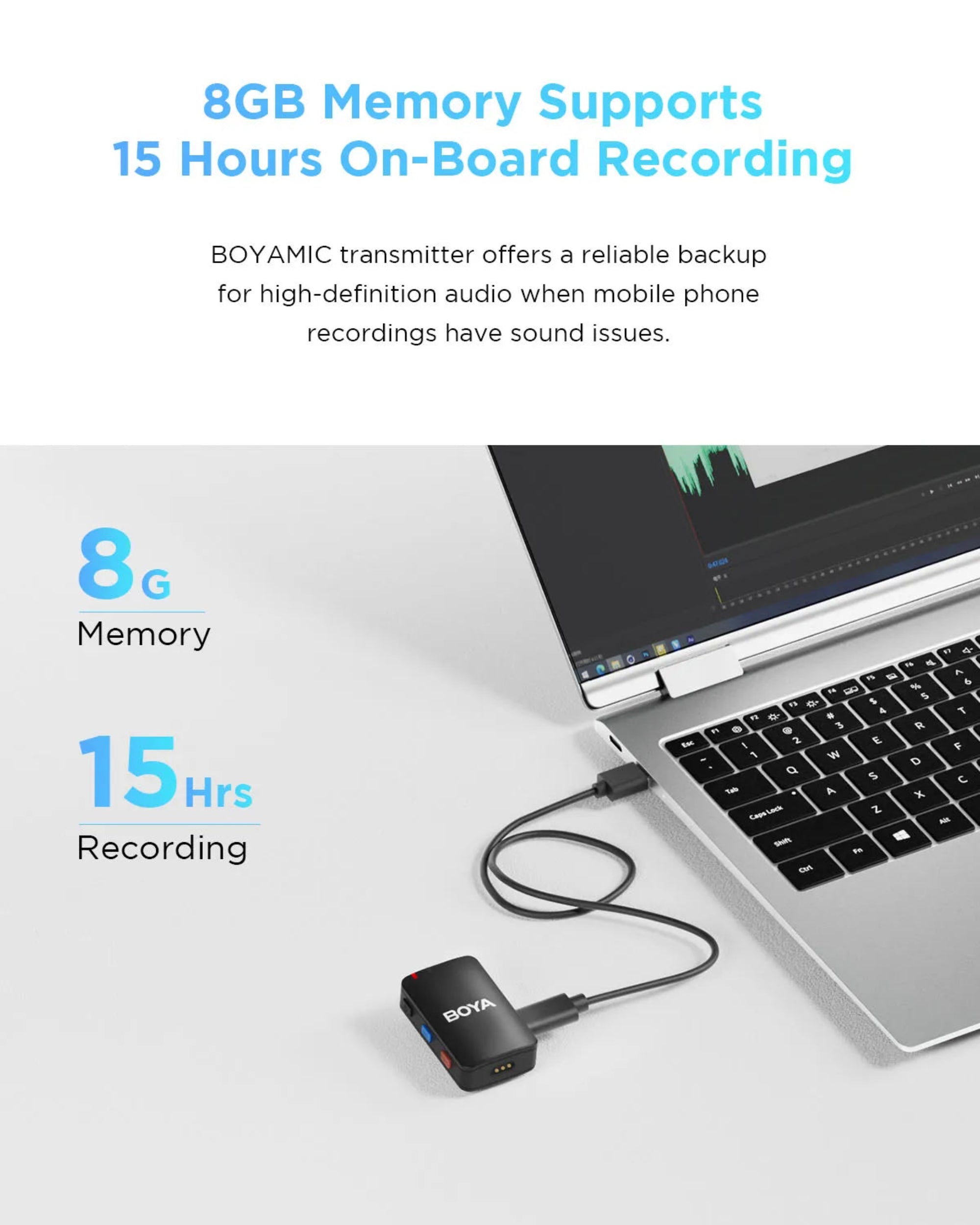 BOYAMIC transmitter with laptop on a white background, highlighting 8GB memory and 15-hour recording time.