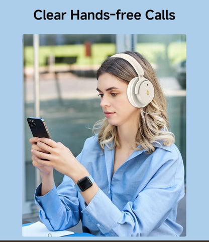Woman wearing headphones and using a phone with text 'Clear Hands-free Calls' on a light blue background