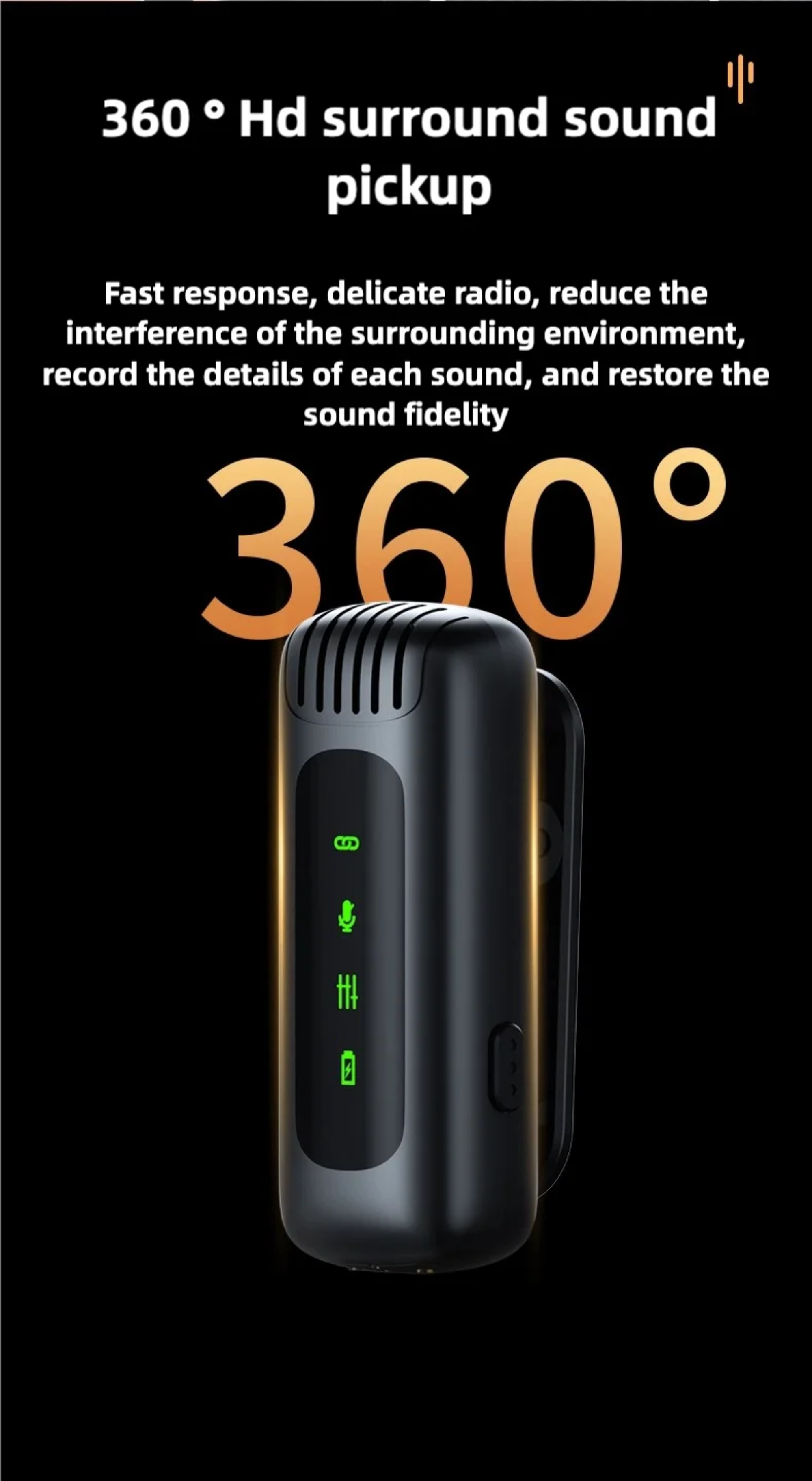 Sound pickup device with text highlighting 360-degree HD surround sound capability on a black background.