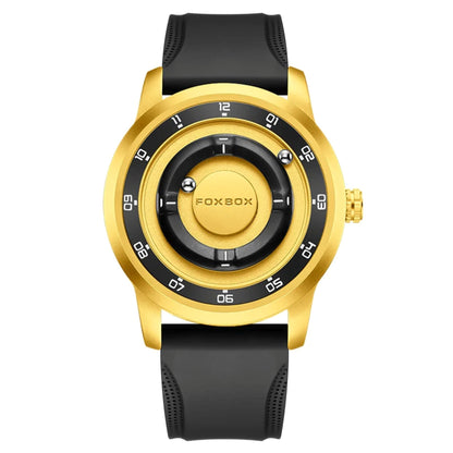 Gold watch with black strap on a white background