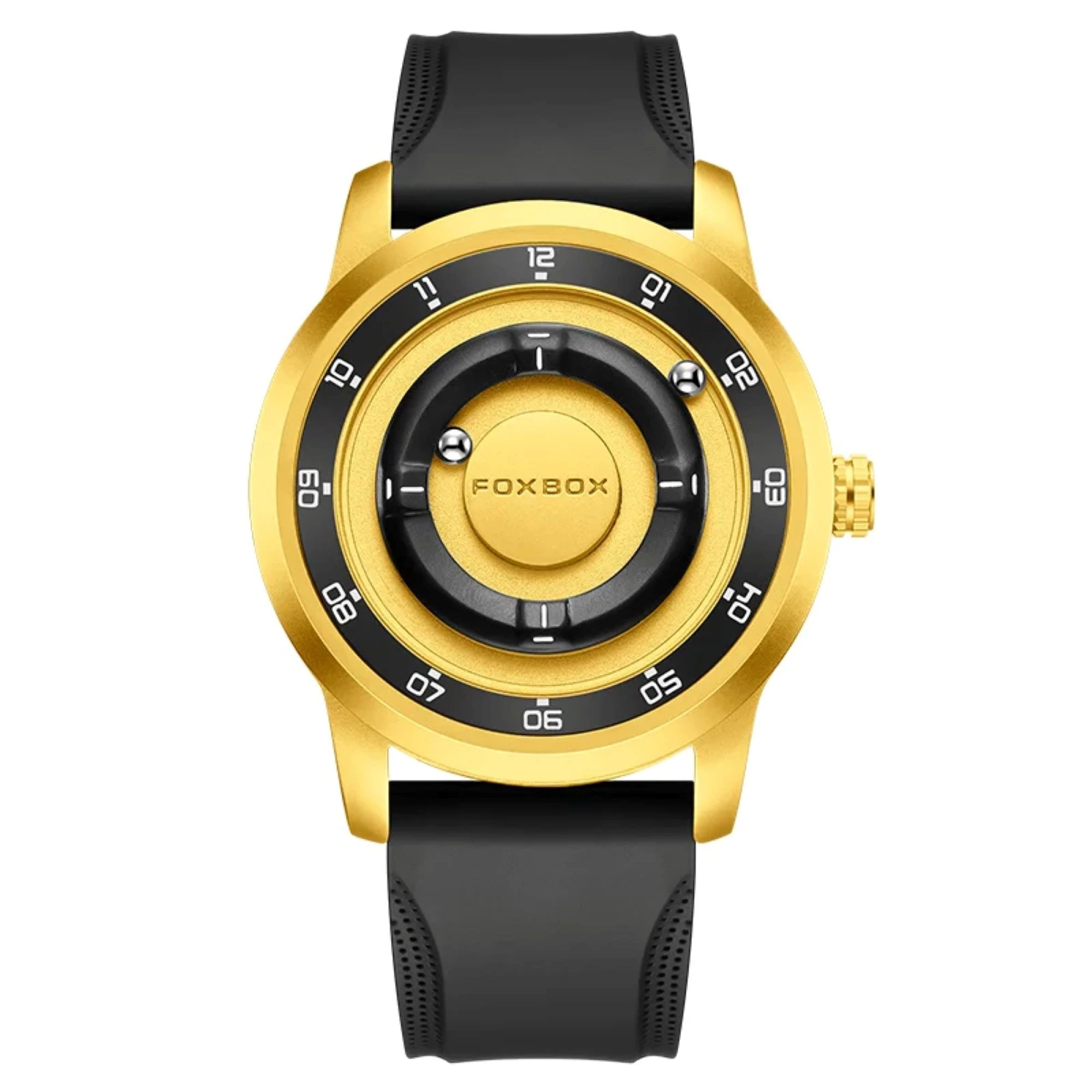 A gold-tone and black wristwatch with a textured black strap, featuring a unique circular dial design and the brand name 'FOXBOX' printed on the center of the dial.