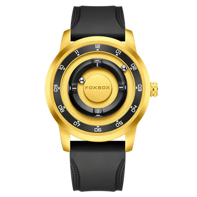 A gold-tone and black wristwatch with a textured black strap, featuring a unique circular dial design and the brand name 'FOXBOX' printed on the center of the dial.