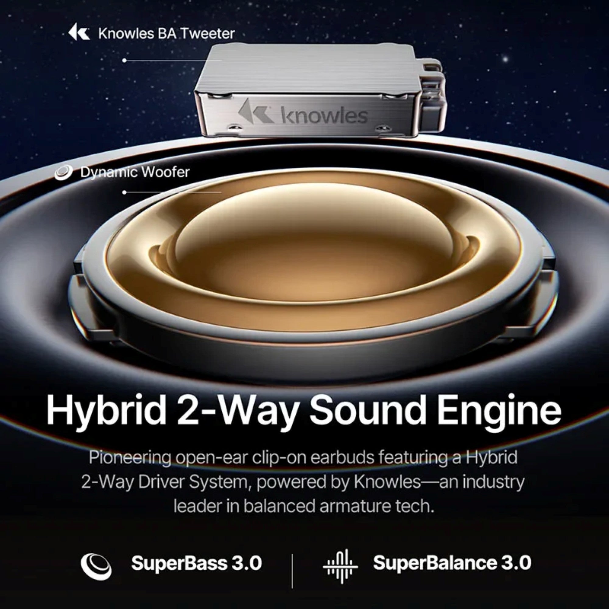 Hybrid 2-Way Sound Engine with Knowles branding on a dark background