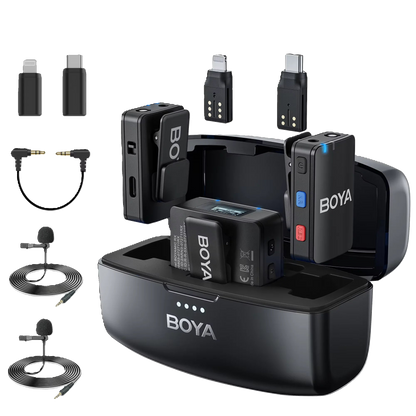 BOYA wireless microphone system with receiver, transmitter, and accessories on a white background