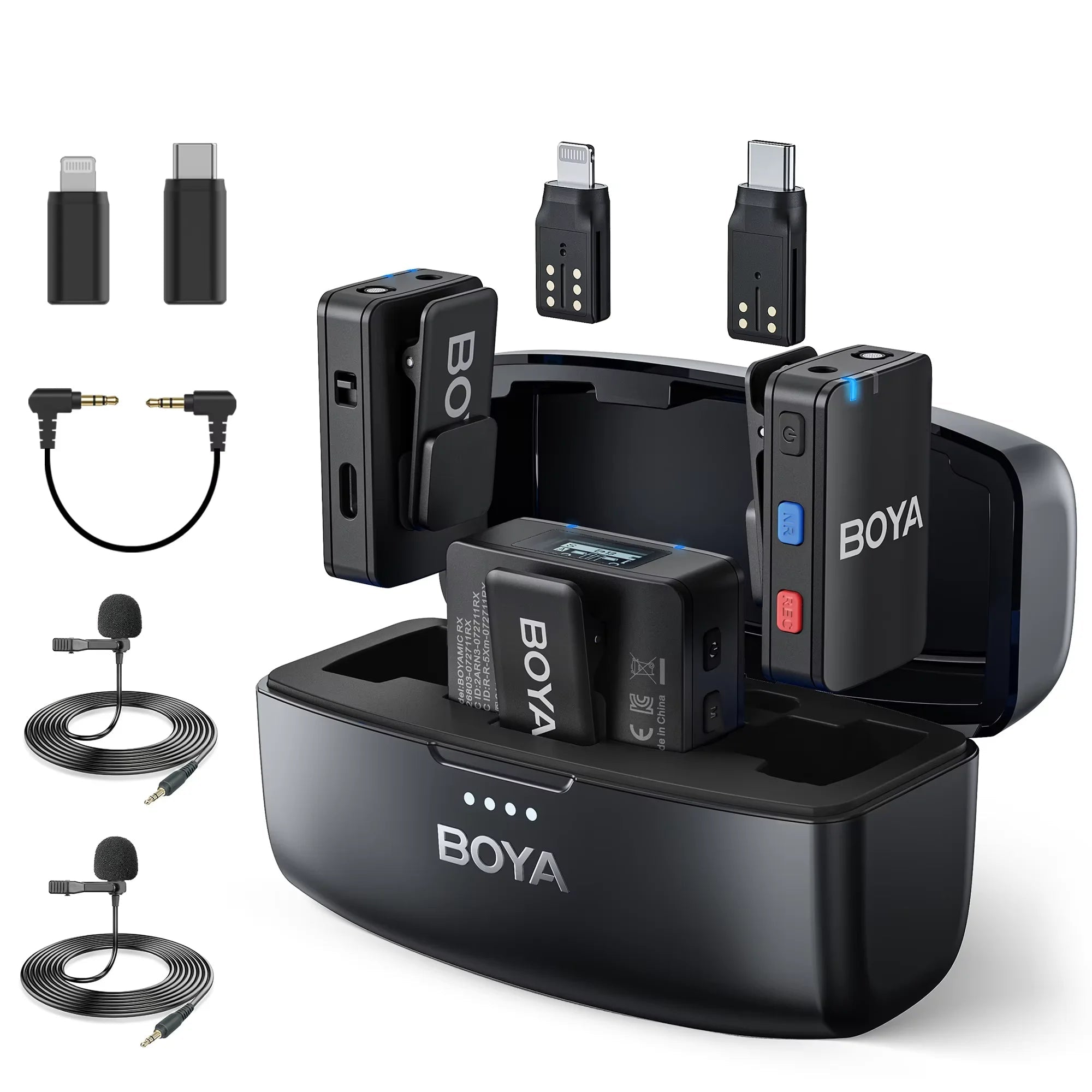 BOYA wireless microphone system with receiver, transmitter, and accessories on a white background