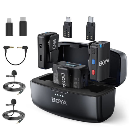 BOYA wireless microphone system with receiver, transmitter, and accessories on a white background