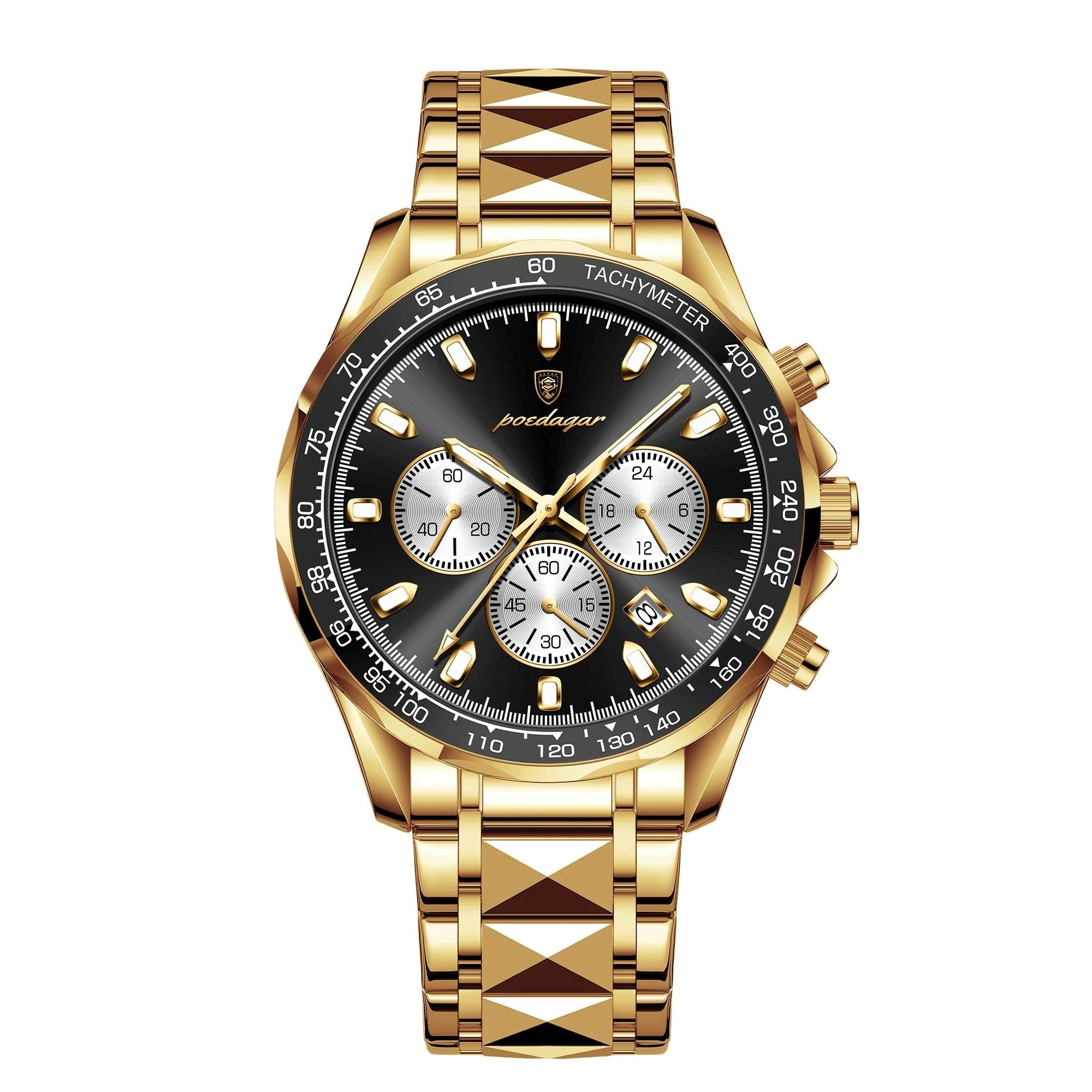 Gold wristwatch with a black dial on a white background