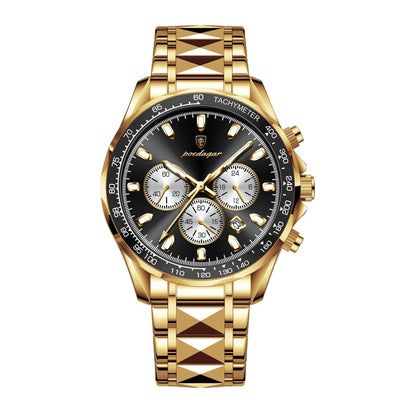 Gold wristwatch with a black dial on a white background