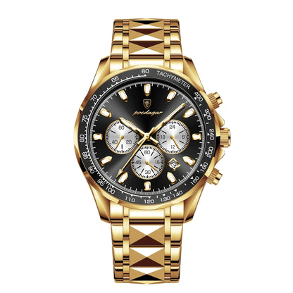 Gold wristwatch with a black dial on a white background