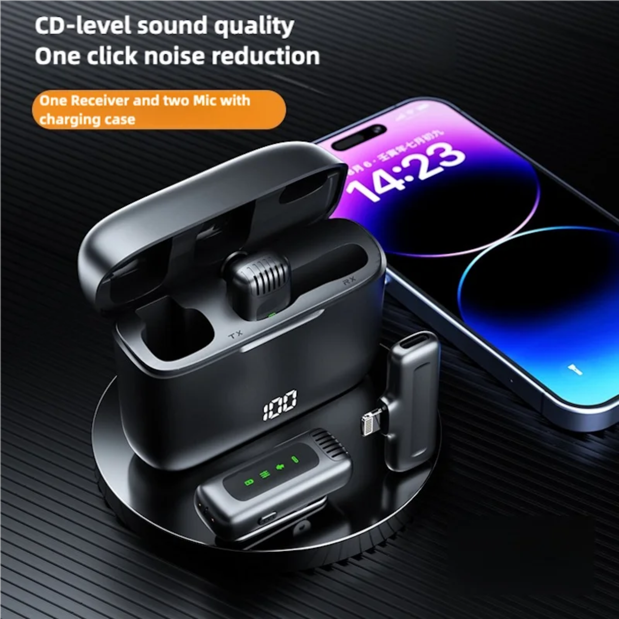 A wireless microphone set with one receiver and two microphones in a black charging case, displayed next to a smartphone.