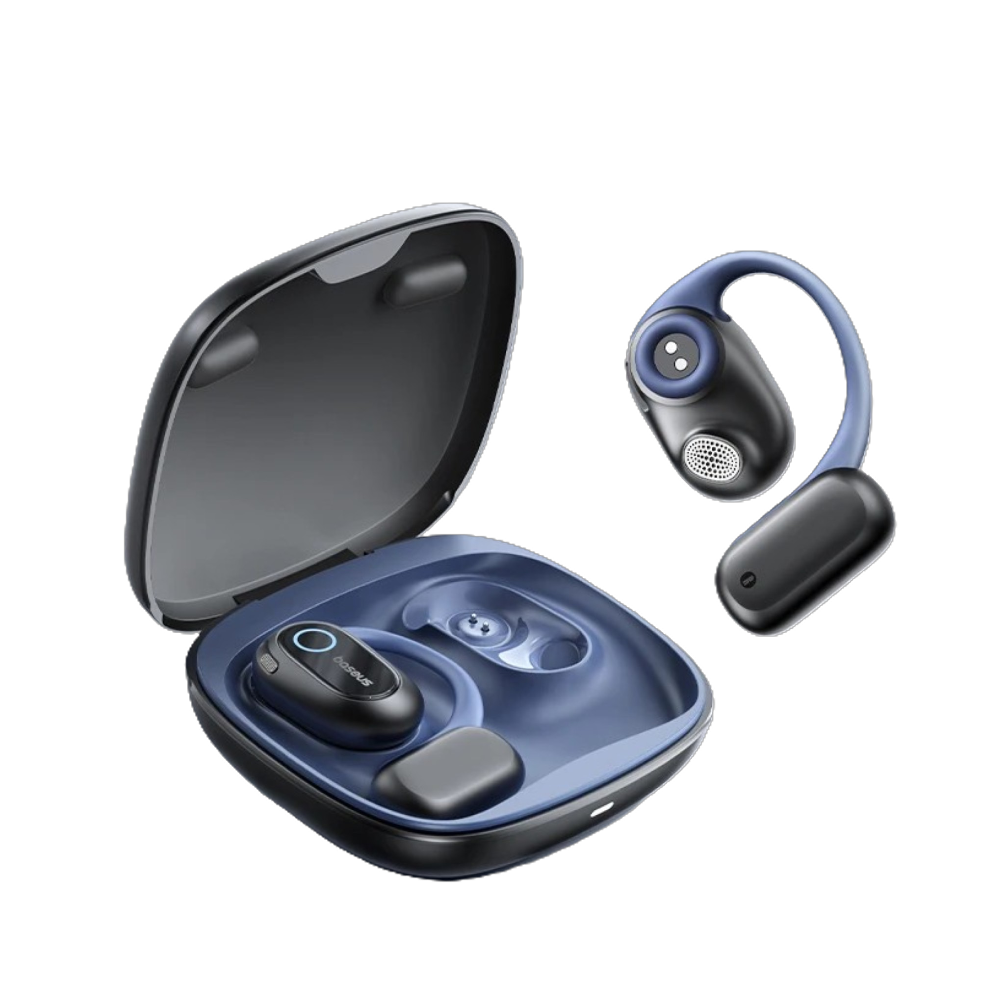 Blue wireless earbuds with charging case on a white background