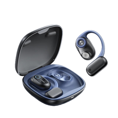 Blue wireless earbuds with charging case on a white background