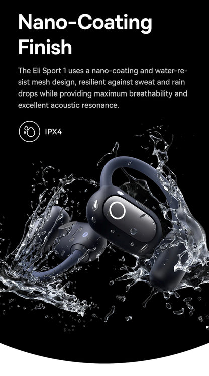 Eli Sport 1 wireless earbuds with water resistance features on a black background