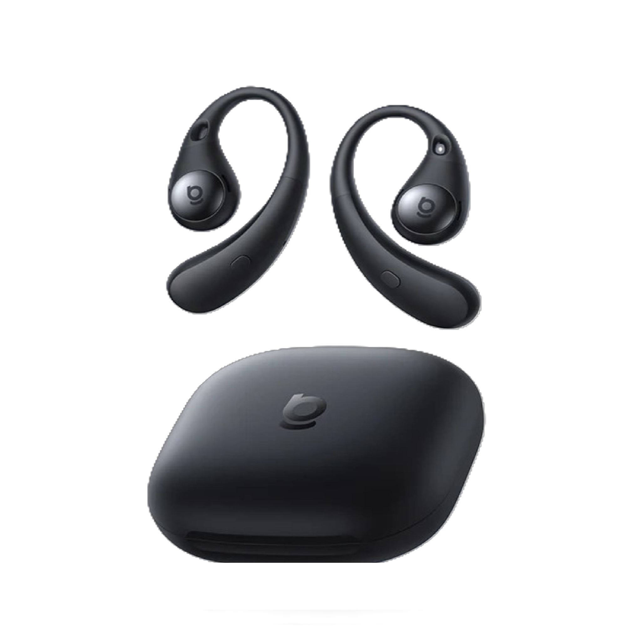Black wireless earbuds with charging case on a white background