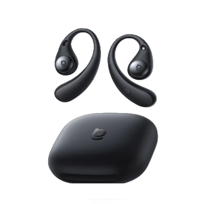Black wireless earbuds with charging case on a white background