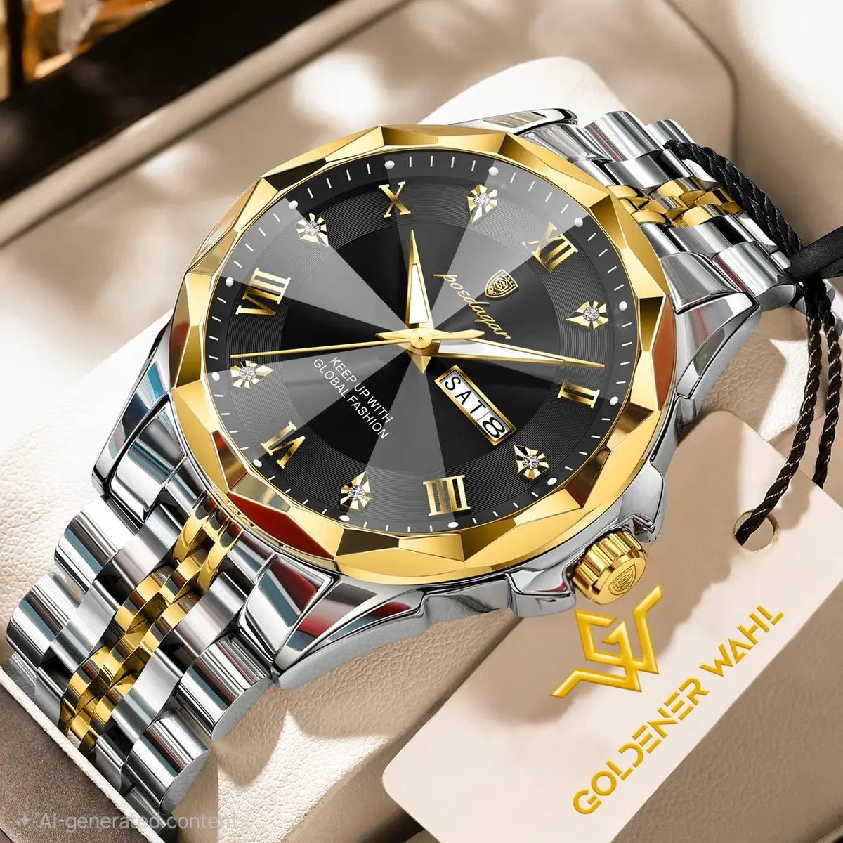 Goldener Wahl men's analog watch with a two-tone silver and gold stainless steel link bracelet, a gold bezel, and a black dial with gold Roman numerals and date window.