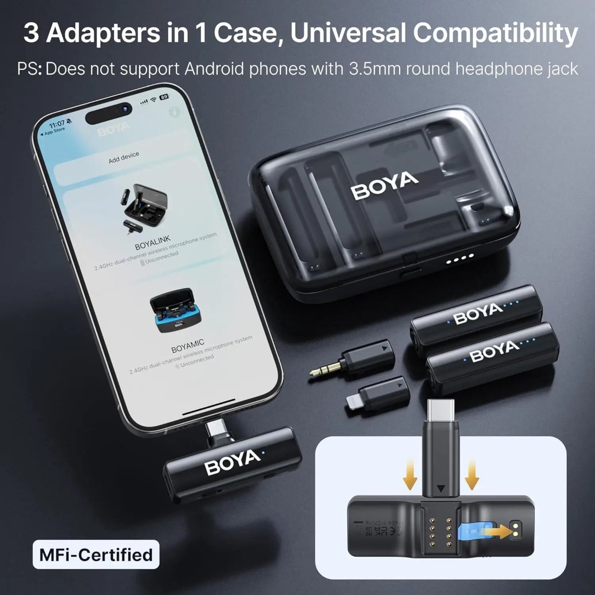 BOYA adapter set with smartphone app interface and product illustrations on a dark background