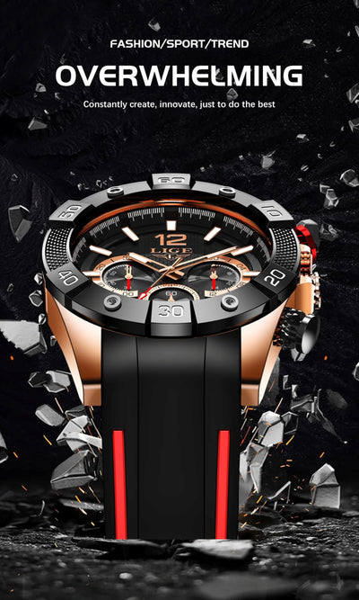 Luxury watch with black and red design on a dark background