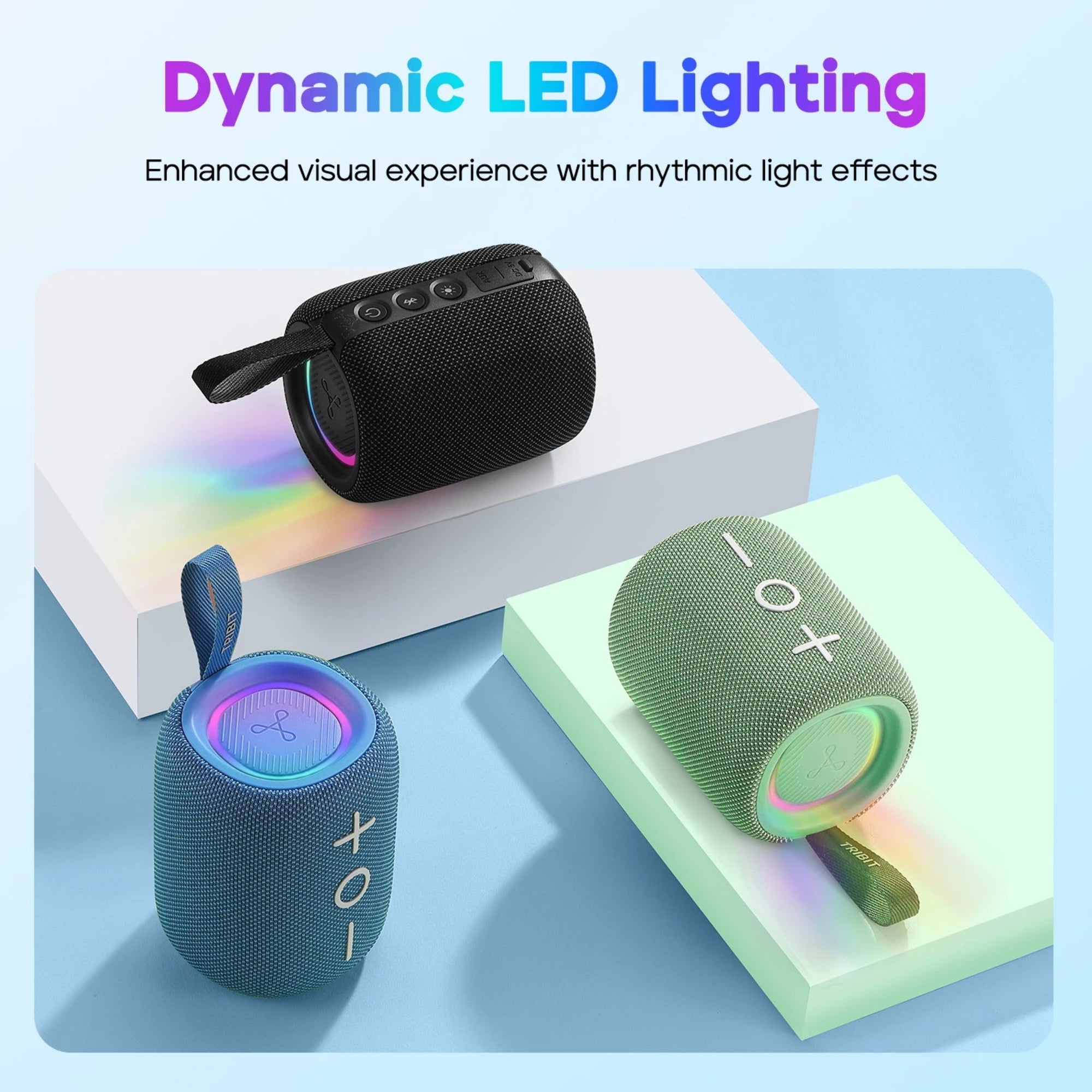 Portable speakers with dynamic LED lighting in black, blue, and green colors, displayed on a white surface.