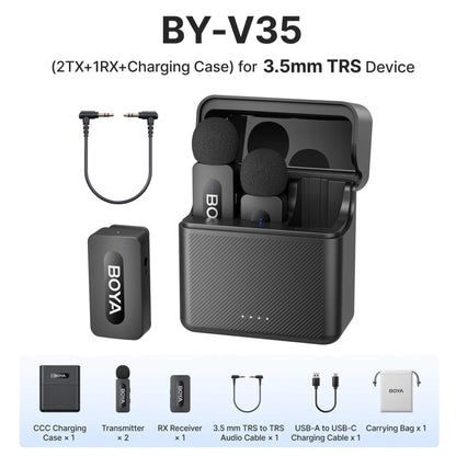 BOYA BY-V35 wireless microphone system with charging case, transmitter, receiver, and cables on a white background.