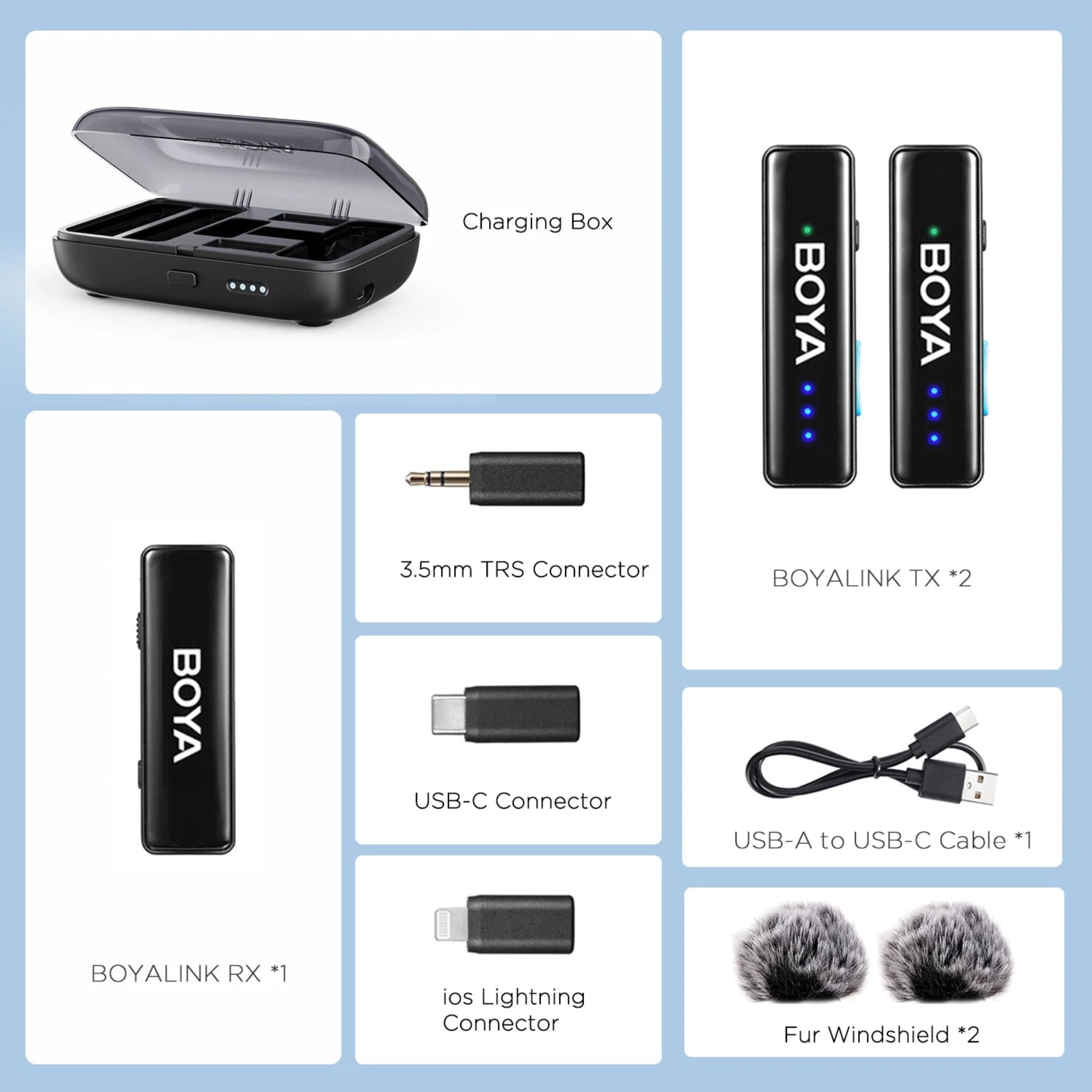 Collage of BOYA wireless microphone system components including charging box, transmitters, receiver, connectors, cable, and windshields.